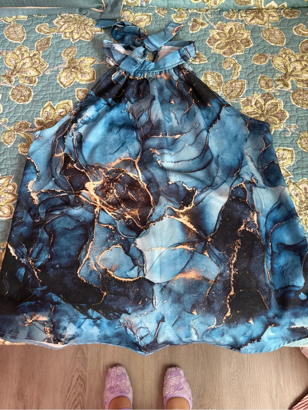 SHEIN Blue Marble Halter Cami with Gold Veining